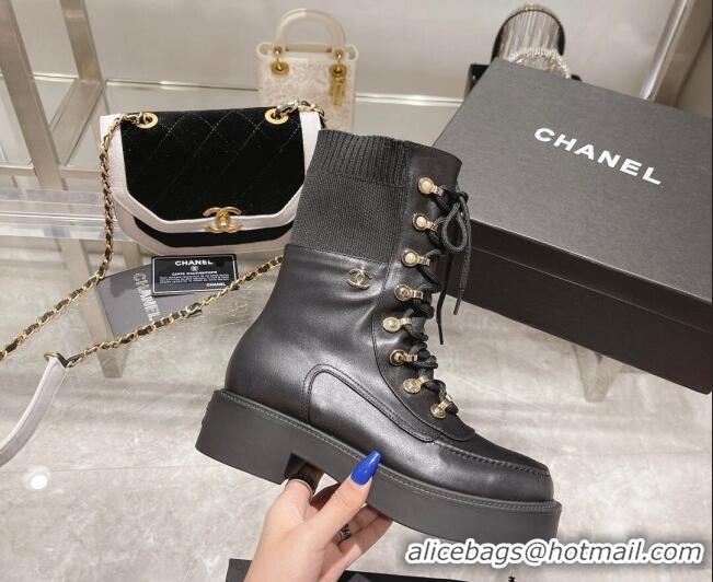 Charming Chanel Leather and Knit Lace-up Ankle Boots Black 071879