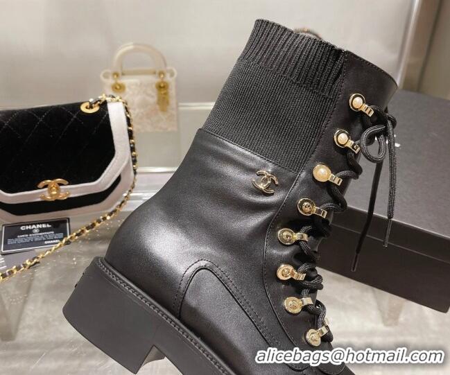 Charming Chanel Leather and Knit Lace-up Ankle Boots Black 071879