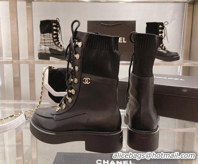 Charming Chanel Leather and Knit Lace-up Ankle Boots Black 071879