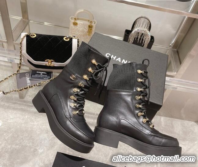 Charming Chanel Leather and Knit Lace-up Ankle Boots Black 071879