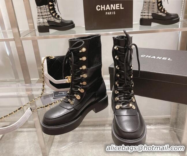 Charming Chanel Leather and Knit Lace-up Ankle Boots Black 071879