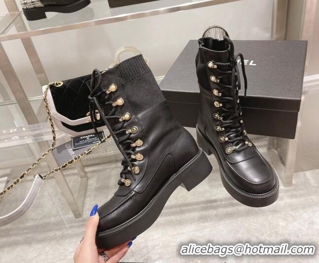 Charming Chanel Leather and Knit Lace-up Ankle Boots Black 071879