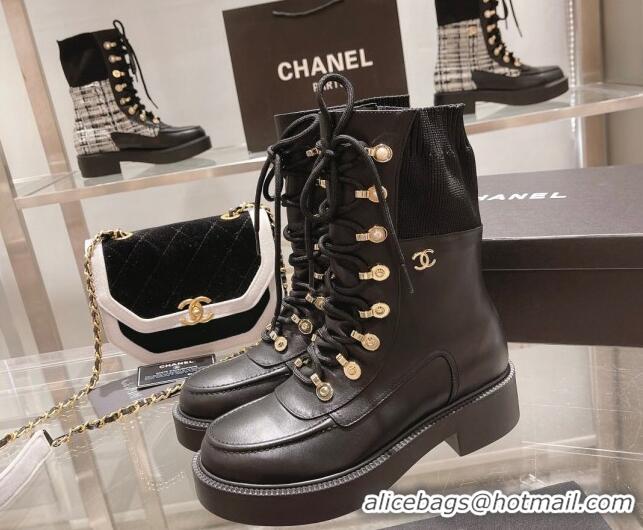 Charming Chanel Leather and Knit Lace-up Ankle Boots Black 071879