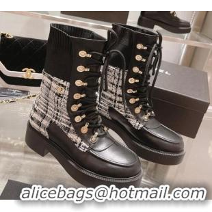 Charming Chanel Tweed and Knit Lace-up Ankle Boots Black/Gray 071879