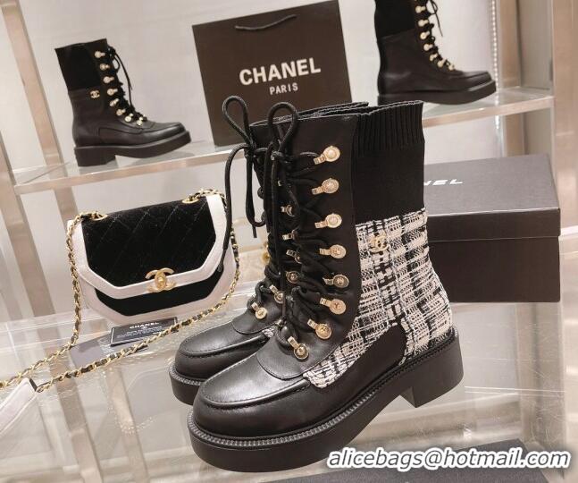 Charming Chanel Tweed and Knit Lace-up Ankle Boots Black/Gray 071879