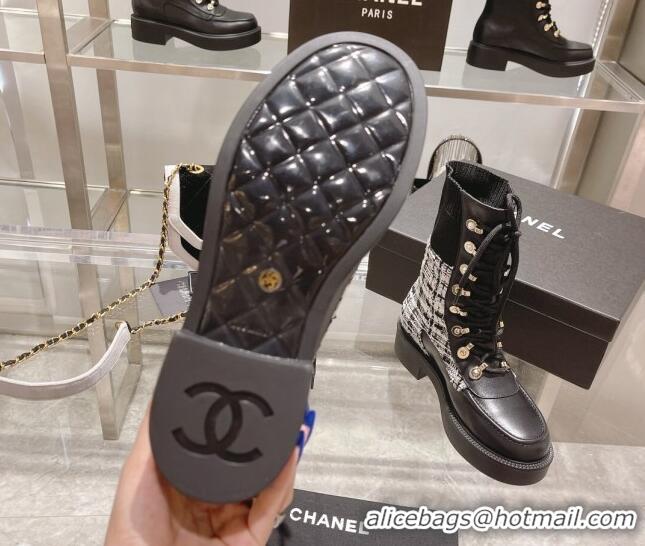 Charming Chanel Tweed and Knit Lace-up Ankle Boots Black/Gray 071879