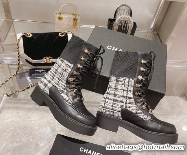 Charming Chanel Tweed and Knit Lace-up Ankle Boots Black/Gray 071879