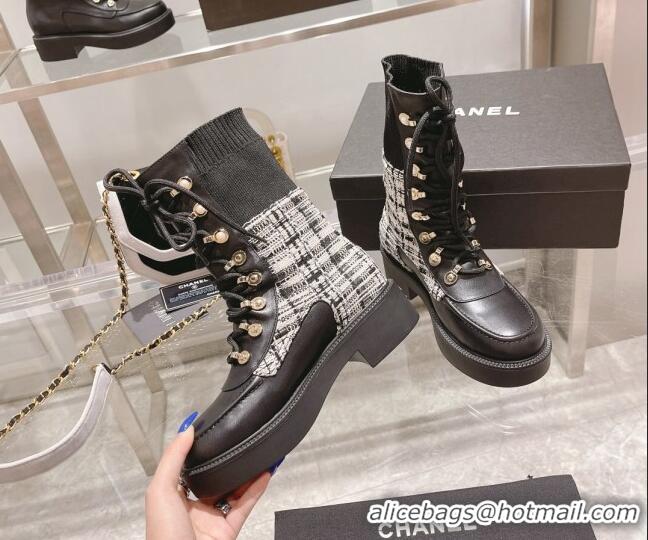 Charming Chanel Tweed and Knit Lace-up Ankle Boots Black/Gray 071879