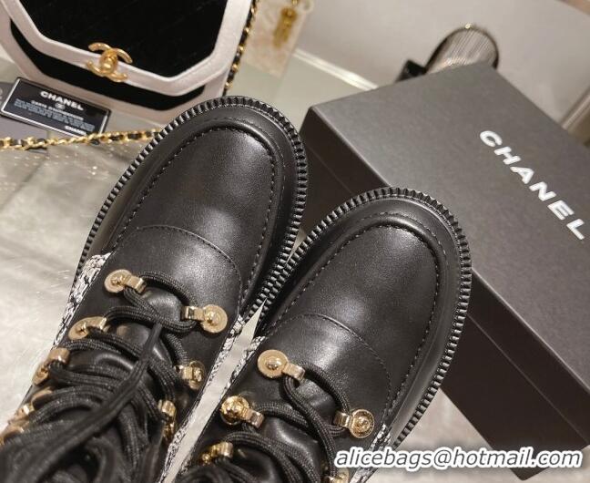 Charming Chanel Tweed and Knit Lace-up Ankle Boots Black/Gray 071879