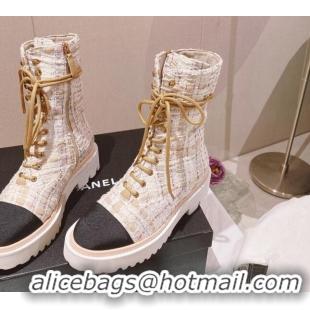 Fashion Chanel Tweed Lace-up Ankle Boots Beige 071873