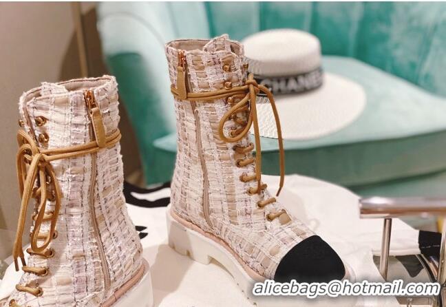 Fashion Chanel Tweed Lace-up Ankle Boots Beige 071873