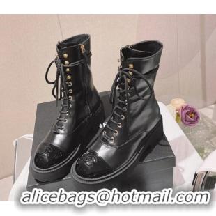 Grade Quality Chanel Wax Leather Lace-up Ankle Boots Black 071874