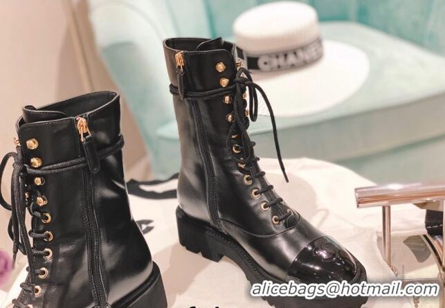 Grade Quality Chanel Wax Leather Lace-up Ankle Boots Black 071874