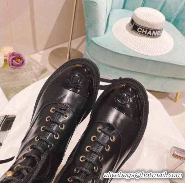 Grade Quality Chanel Wax Leather Lace-up Ankle Boots Black 071874