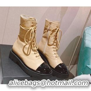 Charming Chanel Wax Leather Lace-up Ankle Boots Beige 071874