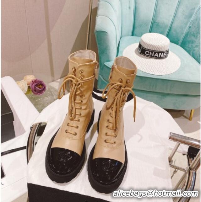 Charming Chanel Wax Leather Lace-up Ankle Boots Beige 071874