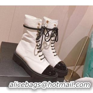 Low Cost Chanel Wax Leather Lace-up Ankle Boots White 071876