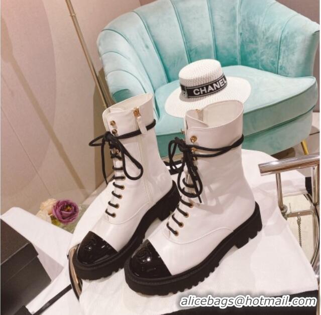 Low Cost Chanel Wax Leather Lace-up Ankle Boots White 071876