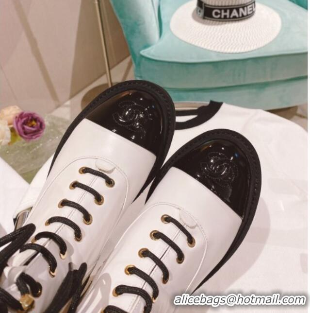 Low Cost Chanel Wax Leather Lace-up Ankle Boots White 071876