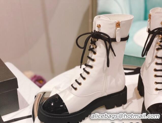 Low Cost Chanel Wax Leather Lace-up Ankle Boots White 071876