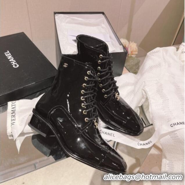 Stylish Chanel Patent Leather Lace-up Ankle Boots Black 071877