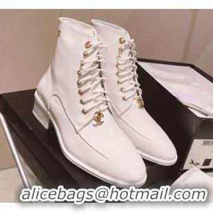 Top Grade Chanel Patent Leather Lace-up Ankle Boots White 071878