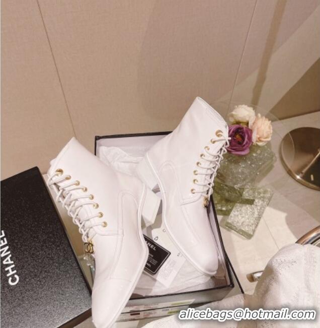 Top Grade Chanel Patent Leather Lace-up Ankle Boots White 071878