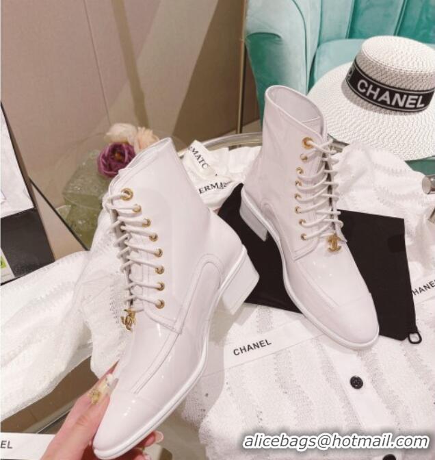 Top Grade Chanel Patent Leather Lace-up Ankle Boots White 071878