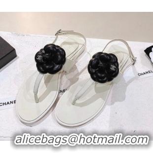 Stylish Chanel Leather Flat Sandals with Camellia White 071882