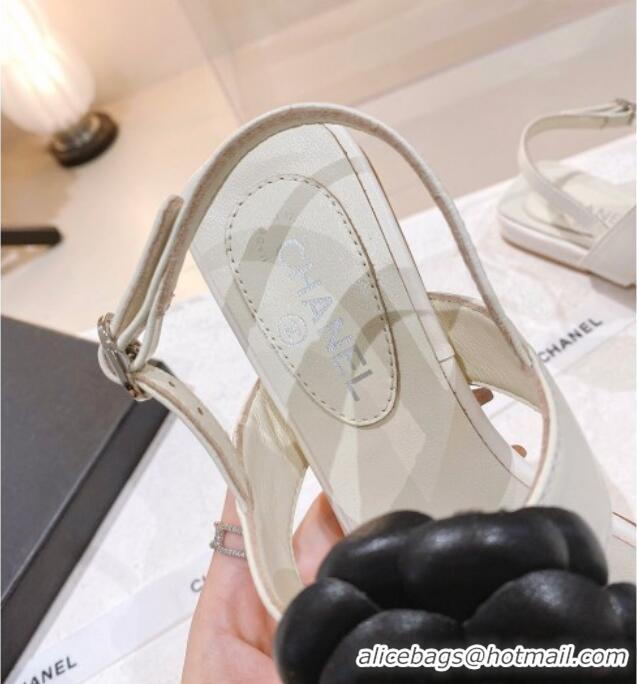 Stylish Chanel Leather Flat Sandals with Camellia White 071882