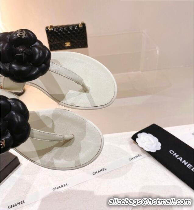 Stylish Chanel Leather Flat Sandals with Camellia White 071882