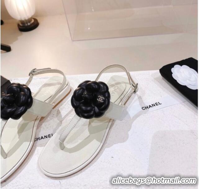 Stylish Chanel Leather Flat Sandals with Camellia White 071882