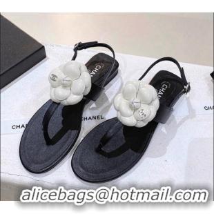 Pretty Style Chanel Leather Flat Sandals with Camellia Black 071883