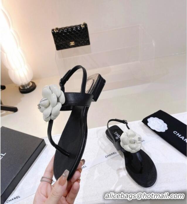 Pretty Style Chanel Leather Flat Sandals with Camellia Black 071883