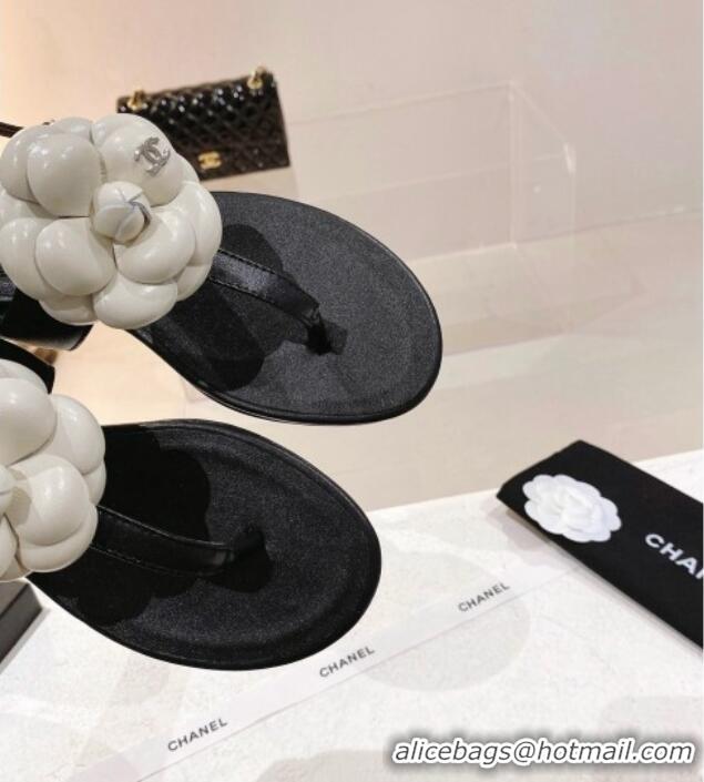 Pretty Style Chanel Leather Flat Sandals with Camellia Black 071883