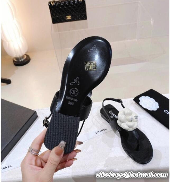 Pretty Style Chanel Leather Flat Sandals with Camellia Black 071883