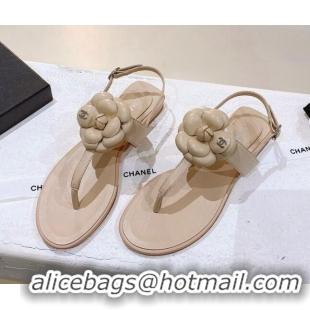 Best Price Chanel Leather Flat Sandals with Camellia Beige 071884