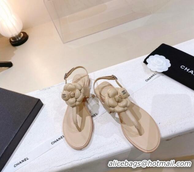 Best Price Chanel Leather Flat Sandals with Camellia Beige 071884