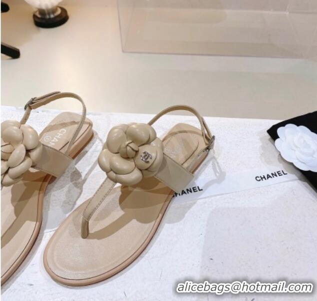 Best Price Chanel Leather Flat Sandals with Camellia Beige 071884