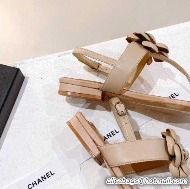 Best Price Chanel Leather Flat Sandals with Camellia Beige 071884