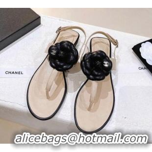 Discount Chanel Leather Flat Sandals with Camellia Beige 071885