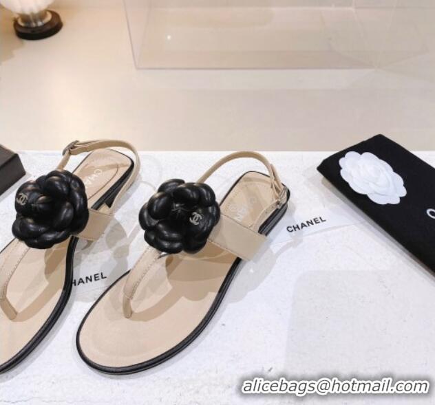 Discount Chanel Leather Flat Sandals with Camellia Beige 071885