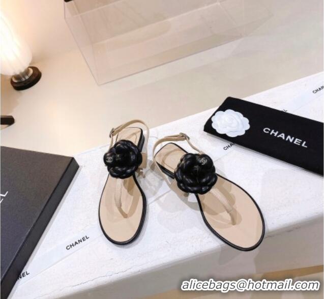 Discount Chanel Leather Flat Sandals with Camellia Beige 071885