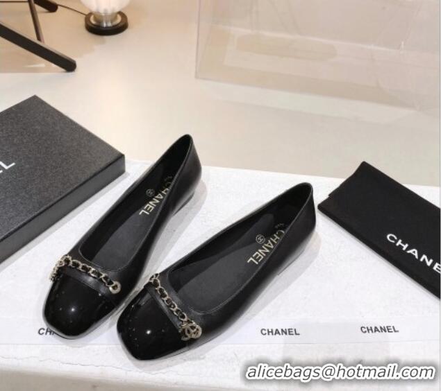 Classic Specials Chanel Patent Leather Ballerinas with Chain Black 071886