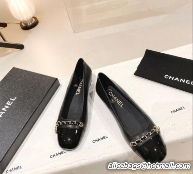 Classic Specials Chanel Patent Leather Ballerinas with Chain Black 071886