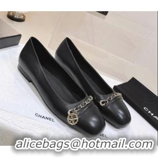 Luxurious Chanel Leather Ballerinas with Chain Black/Gold 071889