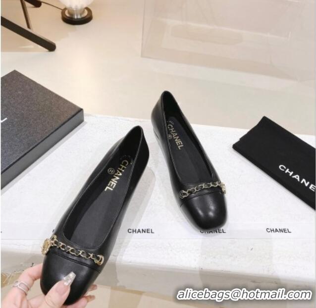 Luxurious Chanel Leather Ballerinas with Chain Black/Gold 071889