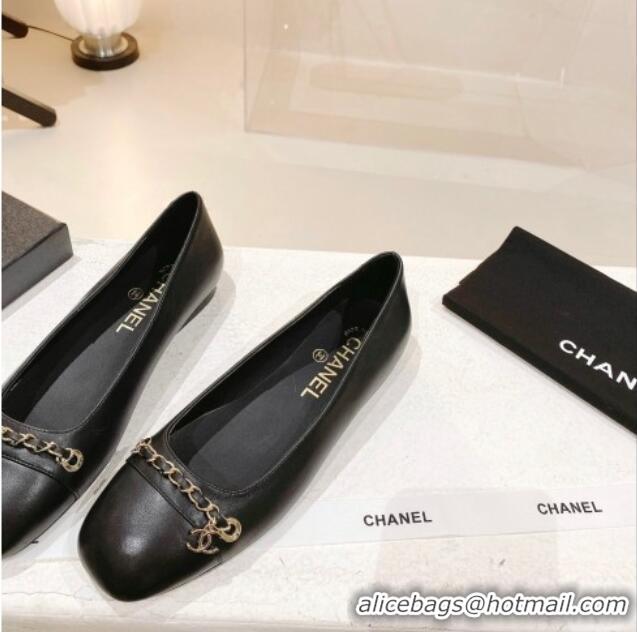 Luxurious Chanel Leather Ballerinas with Chain Black/Gold 071889