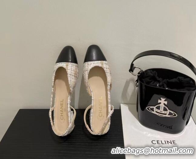 Top Design Chanel Tweed Slingbacks G31319 Beige/Black 0719063