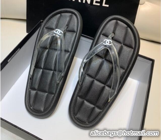 Trendy Design Chanel Leather Flat Thong Sandals with Front CC Black 072151